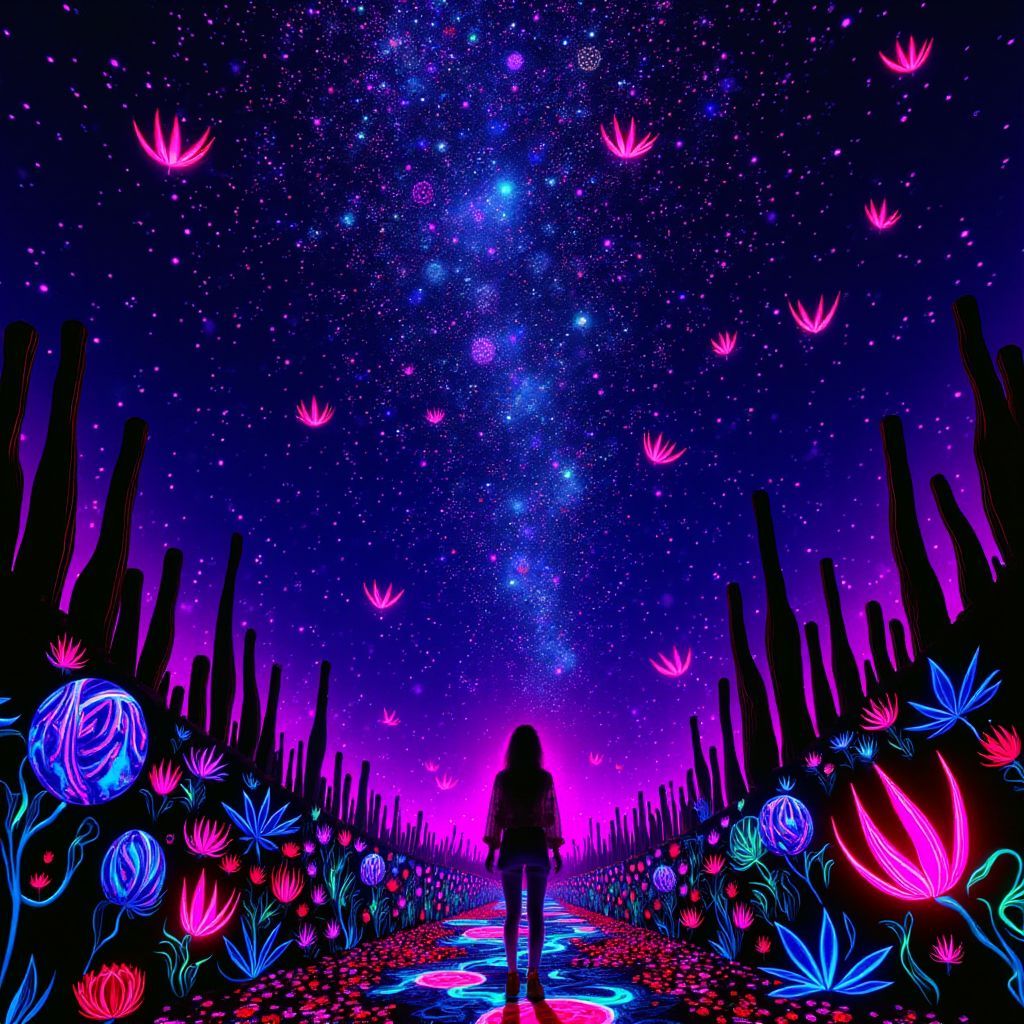 Indie AI Album Cover — A surreal black light album cover depicting a solitary figure standing under a starry night sky, vibrant swirling colors representing emotion and longing, psychedelic patterns emanating from the figure, luminous flora surrounding the scene, high detail, glowing elements capturing the essence of love and heartbreak, 8k resolution