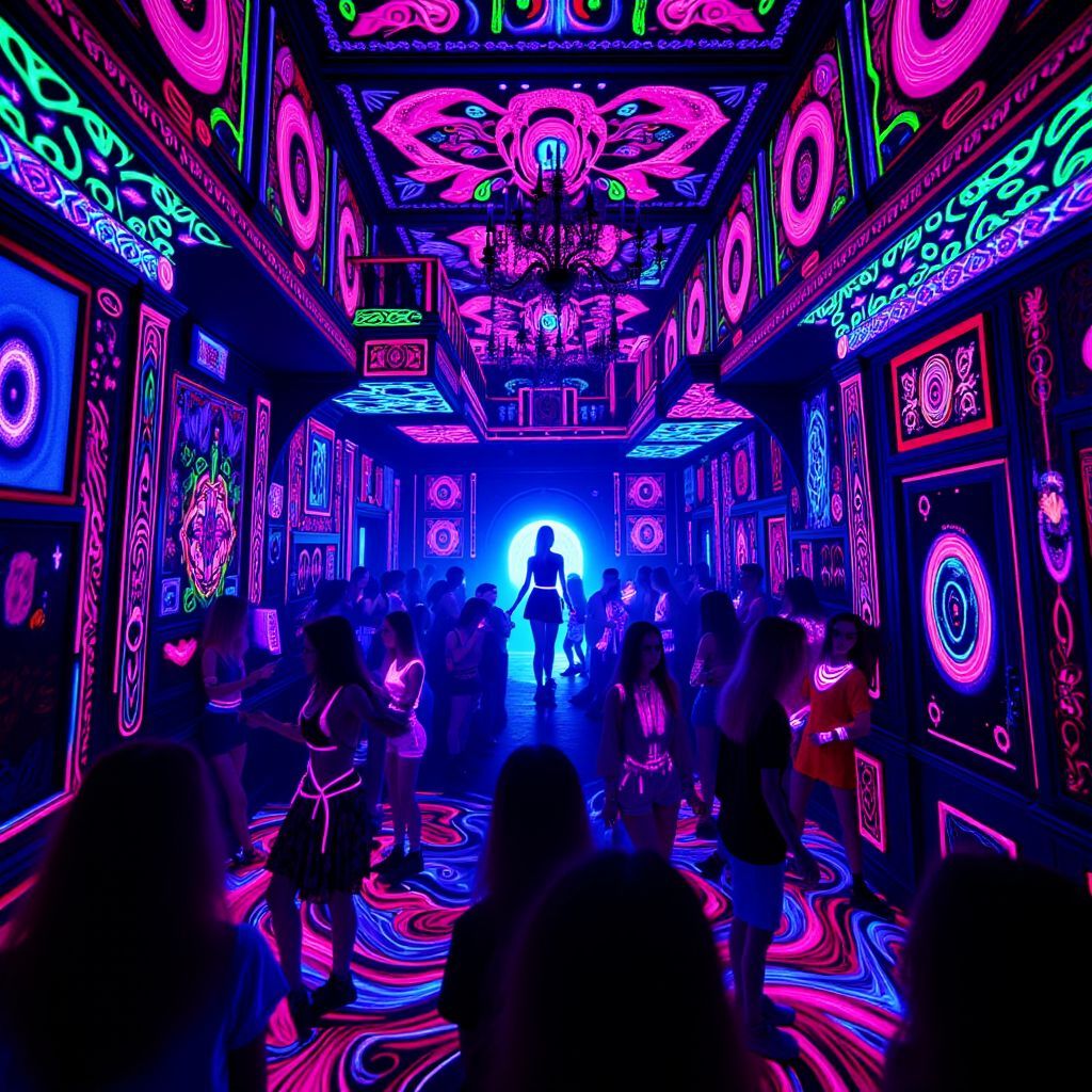 Soundtrack AI Album Cover — A black light album cover for 'Cuntraband', featuring a psychedelic illustration of a neon-lit club scene with vibrant figures dancing under ultraviolet lights; surreal patterns swirling around, deep blues and purples contrasted with fluorescent pinks and greens; highly detailed with a dreamy atmosphere, 8k resolution, capturing excitement and allure, reminiscent of nightlife and temptation.