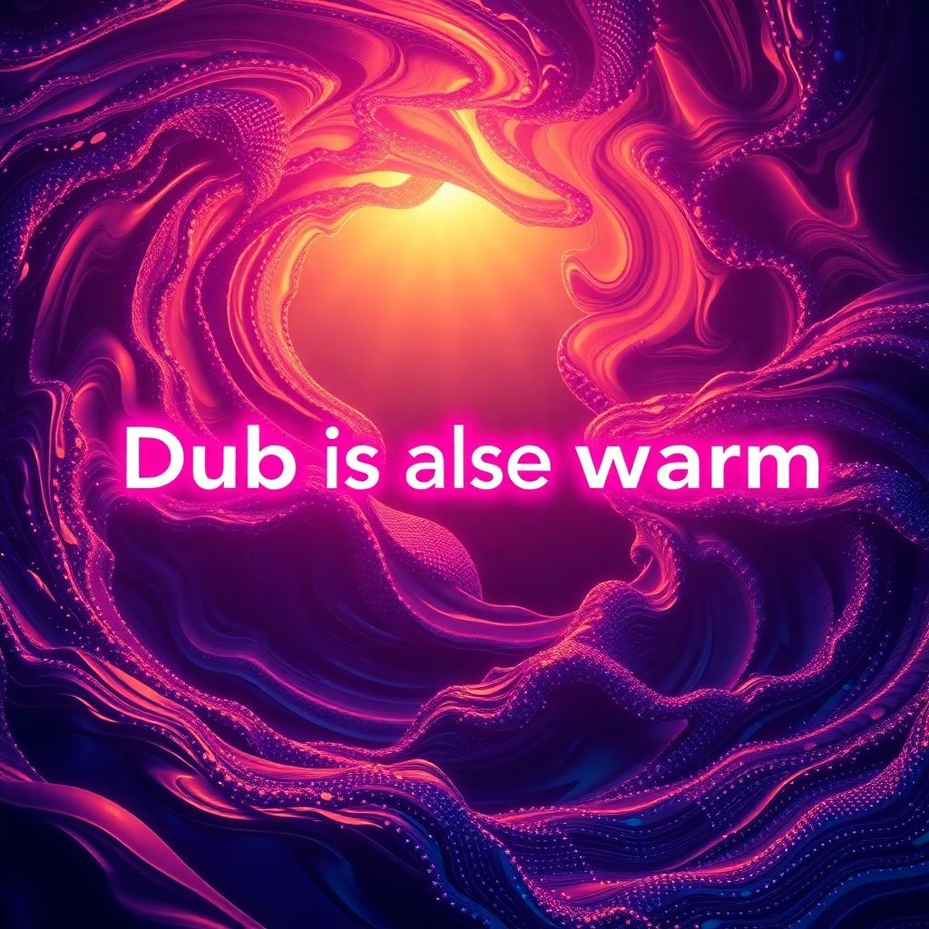 House AI Album Cover — A surreal house music album cover featuring deep, swirling bass waves forming the text "Dub is also warm" in vibrant neon colors; intricate patterns and textures radiate warmth, with ethereal lighting and a psychedelic atmosphere; 8k resolution, highly detailed, abstract aesthetic