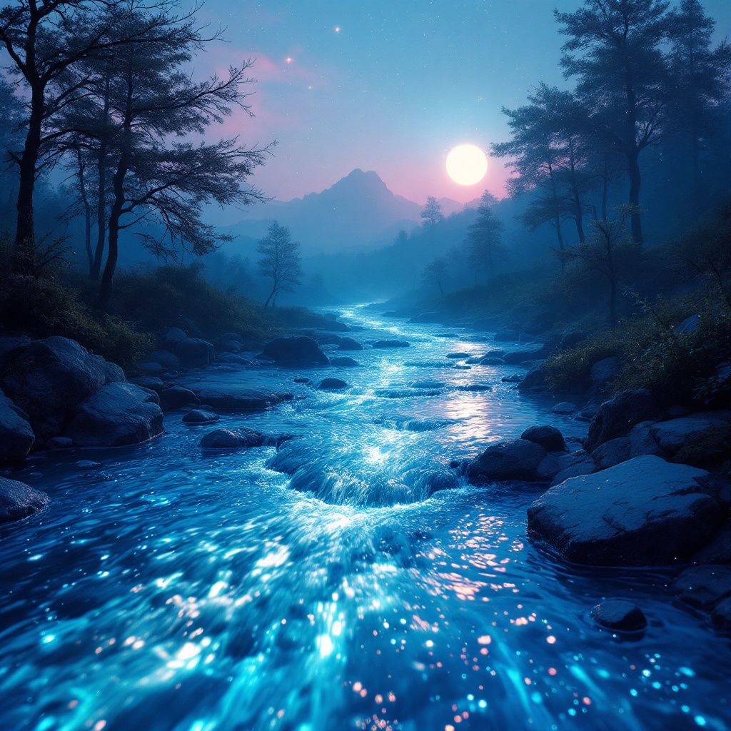 Folk AI Album Cover — A surrealist depiction of a flowing river turning into guitar strings under a twilight sky, with pastel colors, ethereal glow, abstract details, 8k resolution, dreamy atmosphere, harmonious and fluid feeling