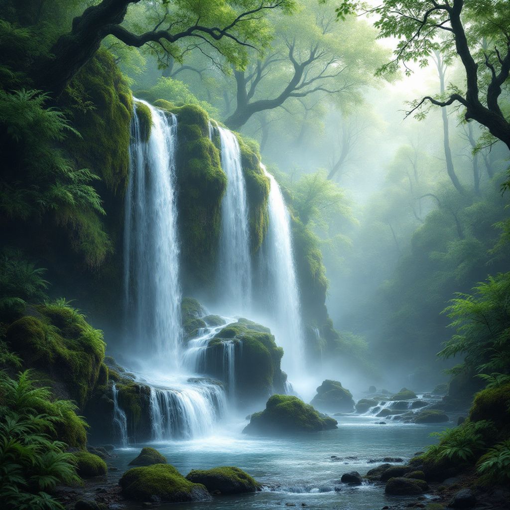 Chillout AI Album Cover — A meditative waterfall in a forest, surreal and abstract, misty ambiance, greens and whites color scheme, serene energy, photorealistic, 8k resolution