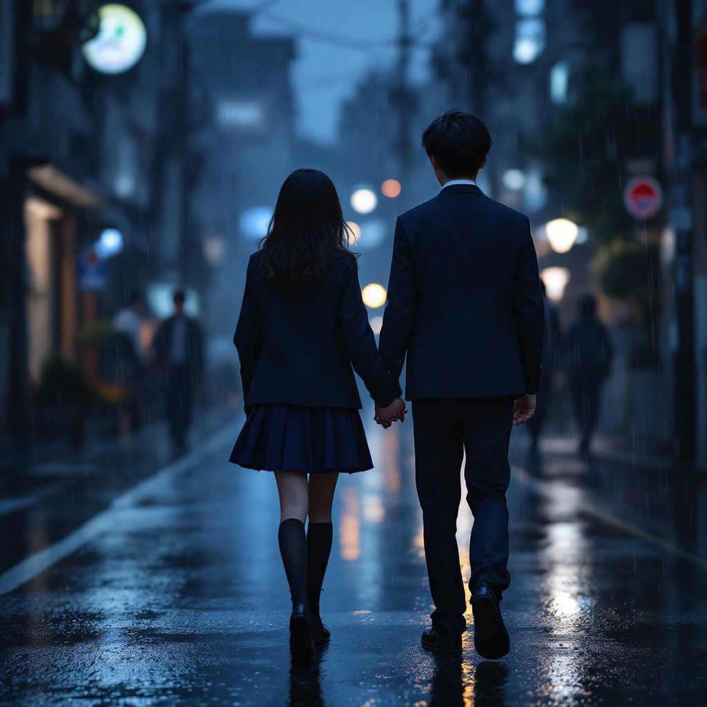 J-Pop AI Album Cover — Two Japanese high school students holding hands in the rain, dark moody background, ethereal atmosphere; cinematic lighting with soft reflections on wet pavement, color palette featuring deep blues and grays, photorealistic details, conveying a sense of promise and intimacy, 8k resolution