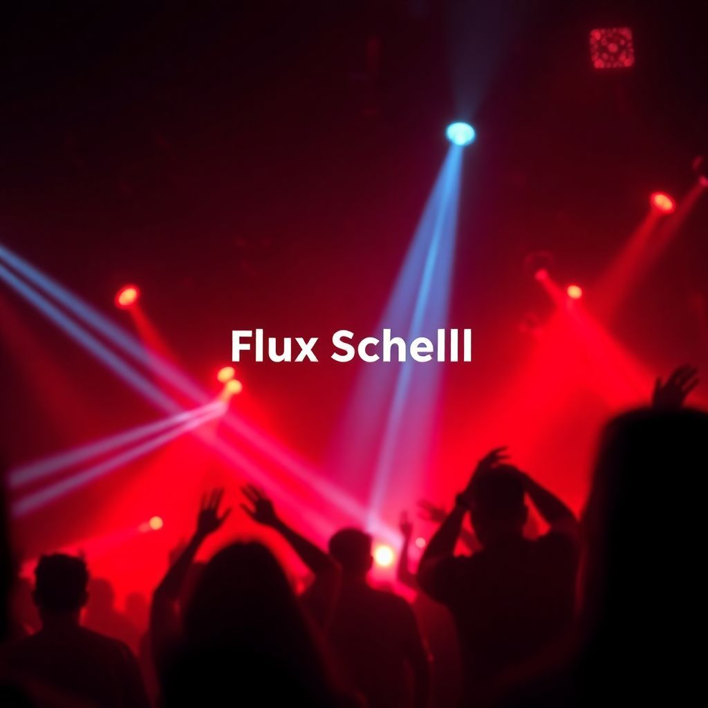 Soundtrack AI Album Cover — A close-up of swirling lights and silhouettes of dancers in an electrifying atmosphere, with the title "Flux Schnell" glowing at the center, abstract style, moody and cinematic lighting, rich jewel tones of red and blue, 8k resolution, vibrant energy and excitement, highly detailed, embracing the pulse of music.